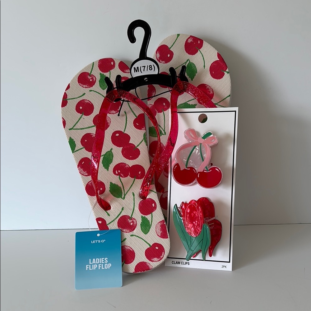 Cherry Print Flip Flops with Hair Accessories